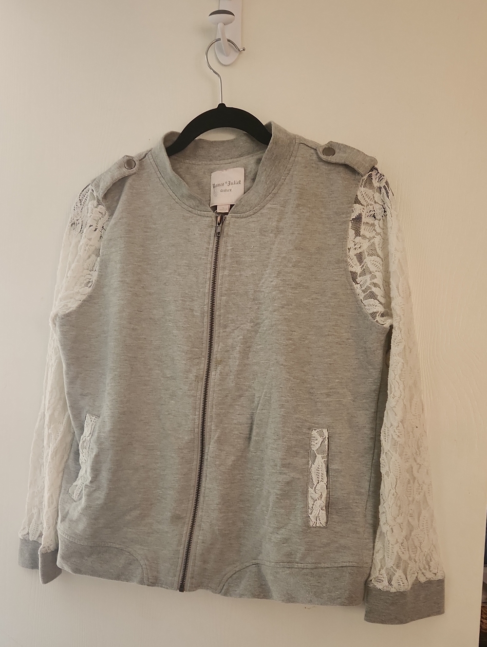 Romeo & Juliet Couture Light Gray Bomber Jacket with White Lace Sleeves